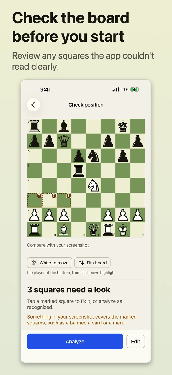 Check the board before you start. Review any squares the app couldn’t read clearly. Three squares are marked on the green board, with Analyze and Edit controls below.