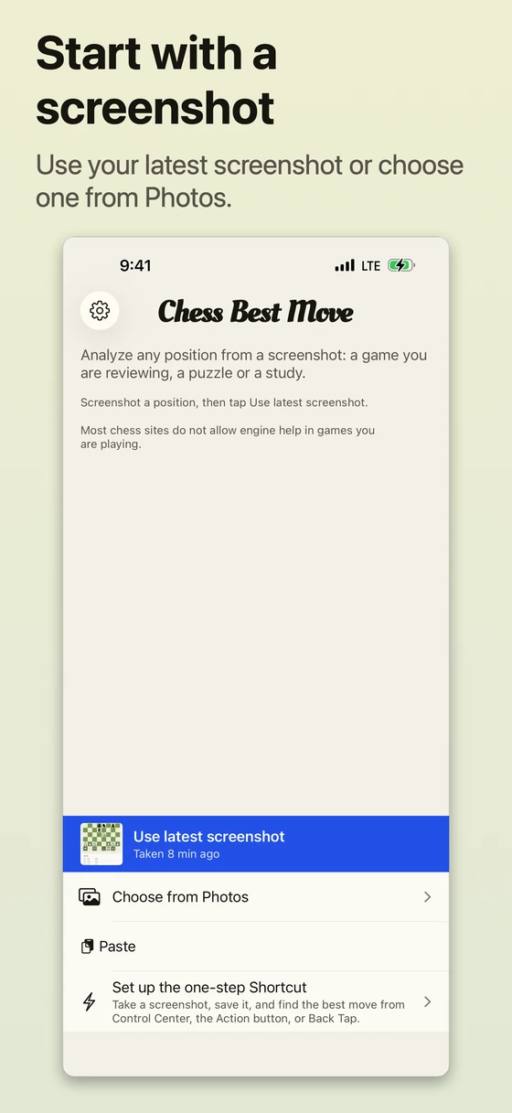 Start with a screenshot. Use your latest screenshot or choose one from Photos. The Home screen has the Chess Best Move wordmark beside Settings, a screenshot thumbnail, and the Shortcut setup link.