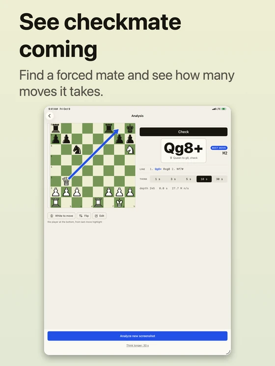 See checkmate coming. Find a forced mate and see how many moves it takes. The iPad result shows the queen move Qg8+, a Check banner, and M2 for mate in two.