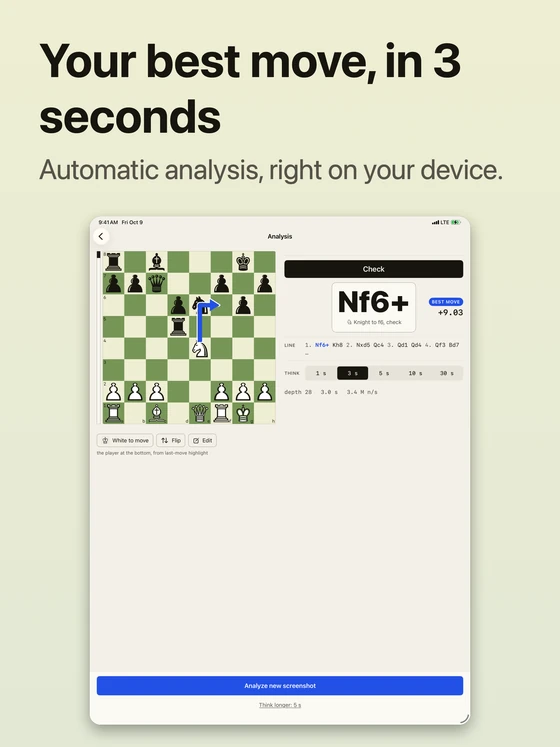 Your best move, in 3 seconds. Automatic analysis, right on your device. On iPad, the green board and the analysis appear side by side, with a Check banner above Nf6+.