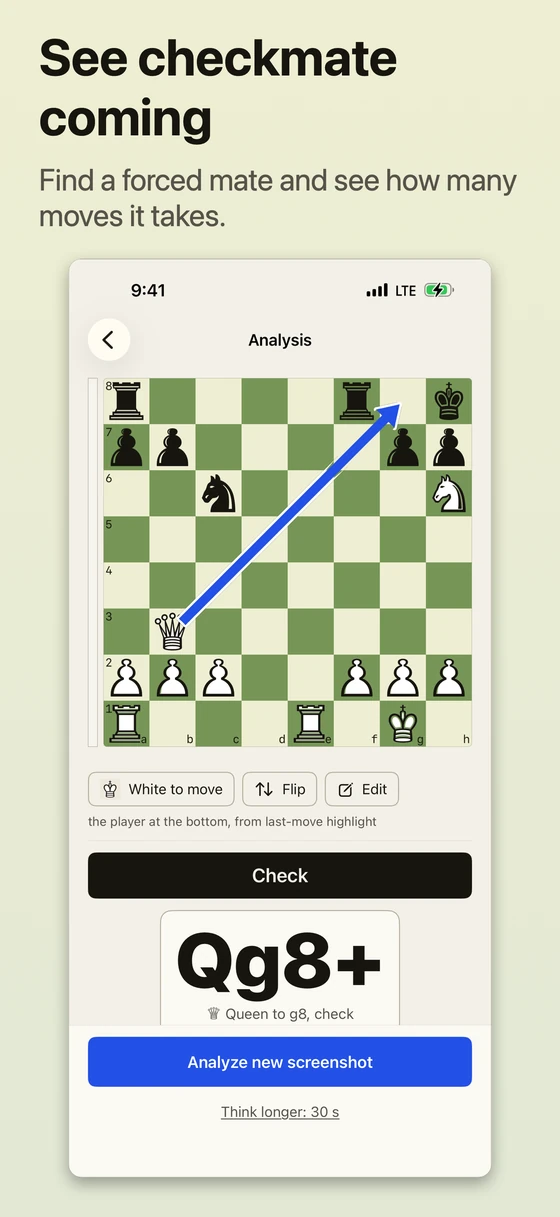 See checkmate coming. Find a forced mate and see how many moves it takes. The puzzle’s first move is Qg8+, shown with a queen arrow and a Check banner.