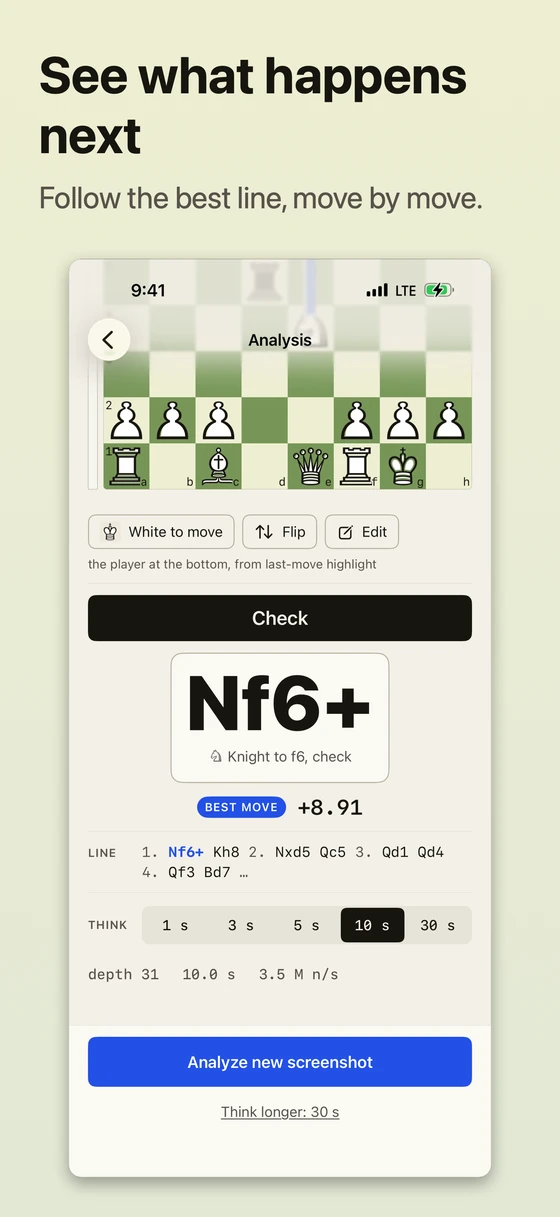 See what happens next. Follow the best line, move by move. The analysis readout shows Nf6+, a Check banner, the engine line, evaluation, and a choice of think times.