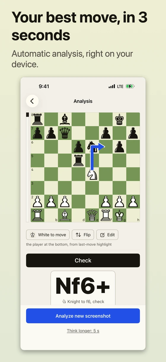 Your best move, in 3 seconds. Automatic analysis, right on your device. A green chessboard shows the knight move Nf6+ with an arrow and a Check banner. Analyze new screenshot is the main button.
